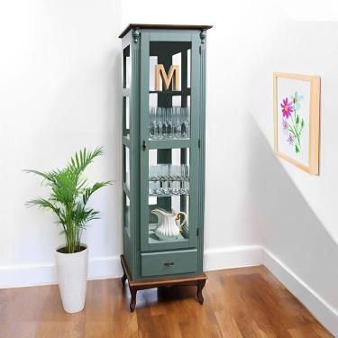 Imagem de Cristaleira Rústica De Madeira 1 Porta 1 Gaveta E Pés Luiz Xv - Verde Kalle Laca Com Tampo E Base Imbuia Glazer