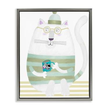 Imagem de Stupell Industries Caneca de gato com vaca em tela flutuante emoldurada cinza design de arte de parede por Carla Daly, 21 x 17