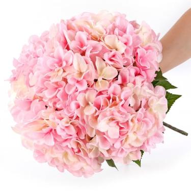 Imagem de 5 peças de flores artificiais realistas de hortênsia rosa claro com hastes de 53 cm de flores artificiais realistas, hortênsias grandes para casamentos, buquês, mesa, centros de mesa, decoração de