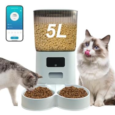 Imagem de Alimentador Automático para Cães e Gatos com 2 Tigelas, Controle Remoto por Aplicativo WiFi, Balde Transparente de Armazenamento de 5l, Dispensador de Ração Automático, Quantidade Programada