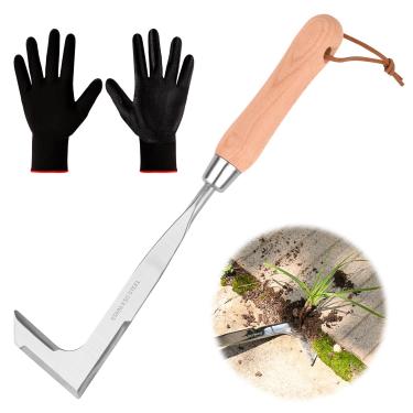 Imagem de BokingOne Removedor de fenda de 3 lados - Ferramenta de remoção de ervas daninhas de jardim de aço inoxidável de 32 cm com cabo de faia, foice em forma de L para gramado de jardim, terraço de pátio