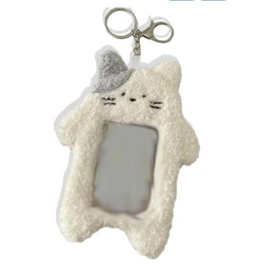 Imagem de Porta-cartão de foto de pelúcia de desenho branco com pingente de chaveiro Kawaii, capa de cartão de estudante e documentos de identificação tamanho médio, leve e portátil para cartões femininos
