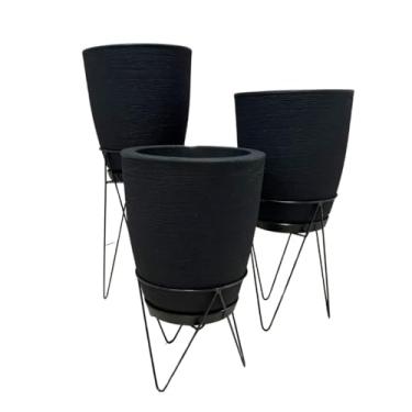 Imagem de Conjunto De 3 Vasos Com Acabamento Escovado N1 Vaso Decorativo Em Forma De Coluna Com Base Elevada Plantas Florais Jardim E Sala De Estar Suporte De Tripé Em Ferro(Preto)