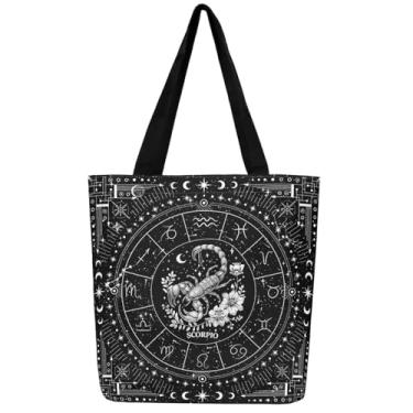 Imagem de Feelyou Zodíaco Sacolas de lona ARIES bolsas de ombro grande capacidade lua estrela viagem praia bolsa, Escorpião preto, 16"x20"