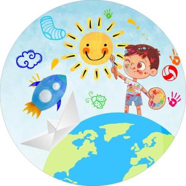 Imagem de Painel de Tecido Sublimado Redondo Criança Pintando no Céu Aquarela c/