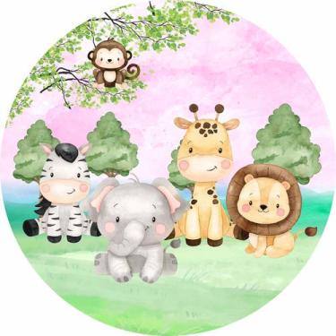 Imagem de Painel de Lona Redondo Safari Aquarela Animais Close Céu Rosa - Fabrik