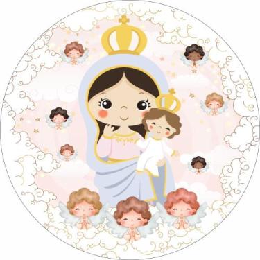 Imagem de Painel de Tecido Sublimado Redondo Nossa Senhora Menino Jesus e Anjinh