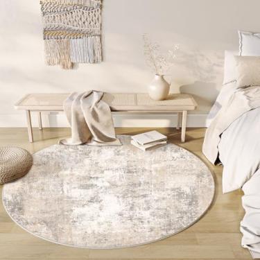 Imagem de WondRg Tapete redondo lavável 12 x 12 cm, bege, cinza, abstrato, sala de estar, quarto, neutro, moderno, antiderrapante, macio, macio, para sala de jantar, escritório, entrada