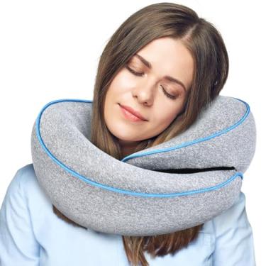 Imagem de Cozary Travesseiro de pescoço para viagem com suporte de queixo, ajustável, almofada de espuma viscoelástica 100% pura para casa, aviões e carro, ergonômico e macio, melhor travesseiro envolvente para descanso de sono