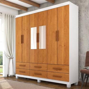 Imagem de Guarda-Roupa Solteiro Denver 6 Portas 6 Gavetas com Espelho 22121 Branco/Cinamomo - Carioca Móveis
