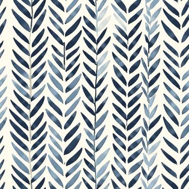 Imagem de Kalafona Papel de parede Peel and Stick, papel de parede vintage boho azul e branco, 44 x 199 cm, papel de parede autoadesivo floral folha de espinha de peixe para banheiro, quarto, gaveta de armário