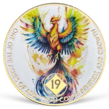 Imagem de Medalhão colorido de 19 anos NA Medalhão NA AA Moeda de Sobriedade com Serenity Prayer NA Recovery Chip Celebrando Vida Limpa e Sóbria 1-20 Anos Narcóticos Presentes Anônimos para Homens e Mulheres