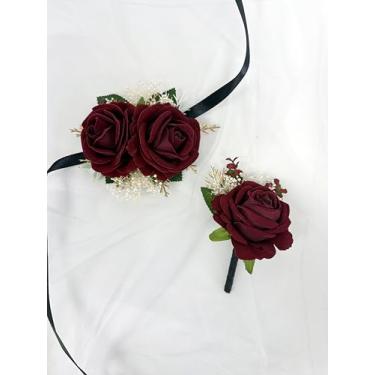 Imagem de DESUNESS Conjunto de corpete rosa bordô e flor na lapela com hálito de bebê para casamento, acessórios de flores, decorações de terno de formatura
