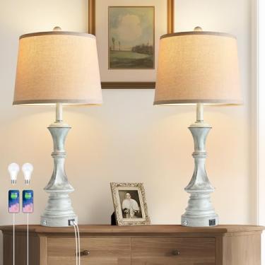 Imagem de SRJJA Conjunto De 2 Abajures Mesa 28,7" Altura Para Sala Estar, Quarto Estilo Fazenda Com Portas Usb C+A, Cabeceira Ajuste 3 Vias E Toque, Lâmpadas Incluídas