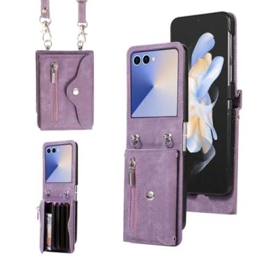 Imagem de Capa protetora para Galaxy Z Flip5, carteira de couro com zíper e porta-cartões (para Galaxy Z Flip5/roxa)
