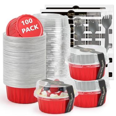 Imagem de Ruckae 100 peças de mini formas redondas para assar com tampas, mini formas de bolo com tampas, copos descartáveis de ramequins de alumínio para festa de aniversário, casamentos (vermelho, 142 g)