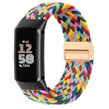 Imagem de Yeahxing Pulseira de nylon trançado magnética compatível com Fitbit Charge 6/Charge 5, fecho ajustável, pulseira esportiva macia e respirável para mulheres e homens, pulseira de substituição para