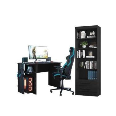 Imagem de Escrivaninha e Livreiro Multiuso 2 Gavetas Preto - Qmovi