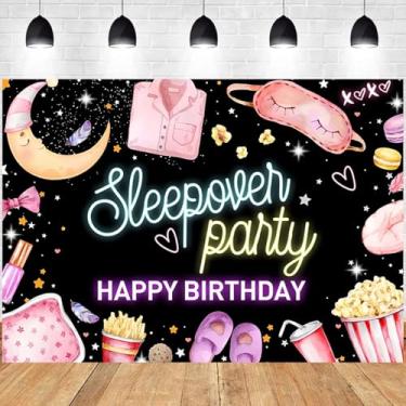 Imagem de Pijama de fundo rosa pastel para festa do pijama decoração de festa do pijama noite aniversário spa maquiagem banner bolo esmagamento foto adereços (preto, 1,5 x 0,9 m)