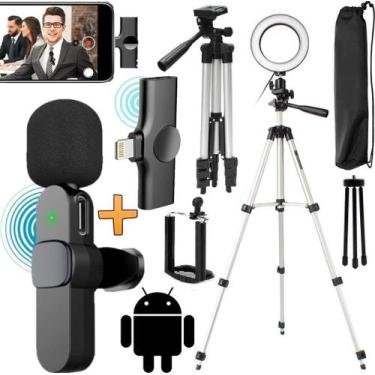 Imagem de Kit Blogueiro Tripé Câmera Suporte de Celular + Microfone Sem Fio Andr