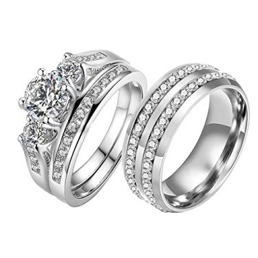 Imagem de LOVERSRING Conjunto de alianças de casamento de aço inoxidável CZ banhado a ouro branco para ele e para ela, women's size 9 & men's size 9, Papel, Ágata