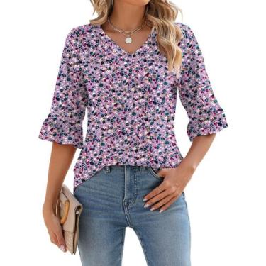 Imagem de Blusa LOMON, manga 3/4, túnica feminina de verão com ilhós e babados