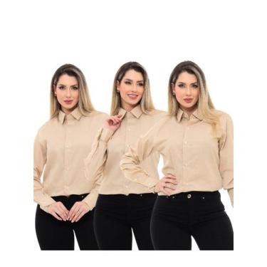 Imagem de KIT 3 Peças - Camisa Social Feminina Premium Tipo Linho Bege - Pthiril