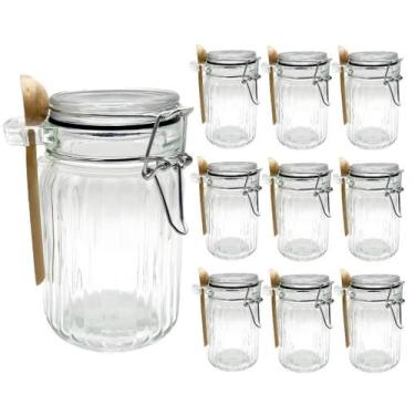 Imagem de Kit 10 Pote Hermético De Vidro Com Trava e Colher de Bambu Redondo 280