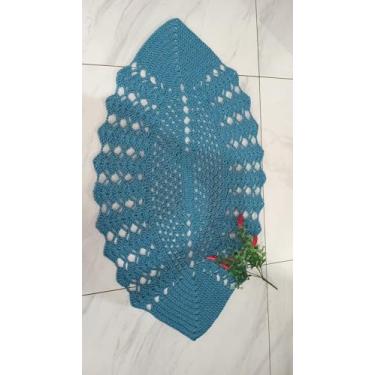 Imagem de Tapete Decorativo de Crochê Artesanal, Passadeira Retangular em Algodão, Azul Turquesa, 97x55cm, Design Vazado