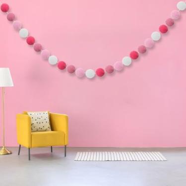 Imagem de 1 guirlanda de bola de feltro, guirlanda de pompom rosa, 2,8 m, 36 bolas, 4 cores pastel, decorações de pompom rosa, decoração de berçário, decorações de festa de aniversário para Carnaval de Ação de