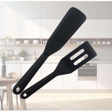 Imagem de Conjunto de 2 espátulas de silicone, resistente ao calor, espátula de cozinha livre de BPA, espátula sólida e ranhurada para panelas antiaderentes, preta