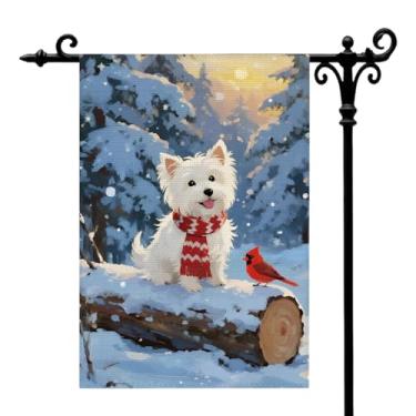 Imagem de Bandeira de jardim de inverno para exterior Cardeal de neve cachorro maltês bandeira decorativa de quintal de inverno presente de Natal dupla face sazonal casa de fazenda Natal decoração ao ar livre