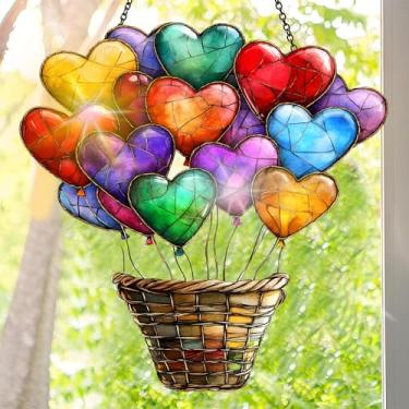 Imagem de Suncatcher acrílico colorido, decoração de janela suspensa em balão com design de vitral impresso, apanhador de sol, arte de parede de arco-íris, ideia de presente e ornamento de jardim para uso