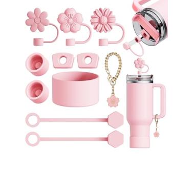 Imagem de 11 peças compatíveis com acessórios Stanley Cup – Coberturas de palha de flores para capa de palha Stanley de 9 a 10 mm, 1 bota de silicone, 6 tampas à prova de derramamento, 1 pingente de alça para