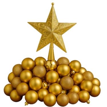 Imagem de Kit 100 Enfeites De Natal Bolas Natalinas 4-6cm Estrela 19cm Dourada Vermelha Enfeites De Natal(KIT Dourado)