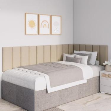 Imagem de Kit Cabeceira Modulada Estofada em L para Cama Box Casal Queen King | Placas 45x20cm em Suede Premium com Fita Dupla Face(BEGE-ESCURO,SOLTEIRO - 15 PLACAS)