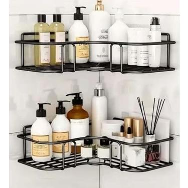 Imagem de Kit com Suportes Organizadores de Parede em Metal Preto e Branco – Prateleiras Multiuso para Banheiro e Cozinha, Porta Shampoo Adesivo Sem Furo(6)