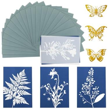 Imagem de OT-NVWOZR Kit de papel de impressão solar, 40 folhas de papel cianotipo A5 + 1 painel acrílico + 3 borboletas esqueleto, ferramenta de desenho de arte ativada por energia solar de natureza altamente