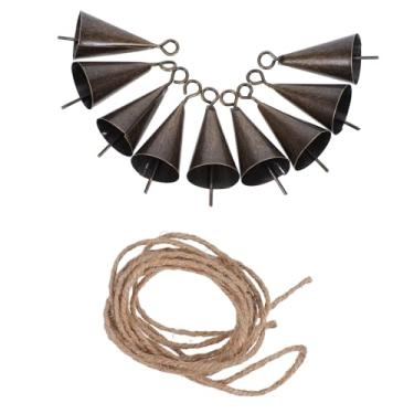Imagem de Sinos de gado de metal vintage, corda de cânhamo e juta corda rústica para bovinos, cabras, ovelhas, sinos em forma de cone de bronze antigo para decoração de fazenda e casa, barbante de 2 metros