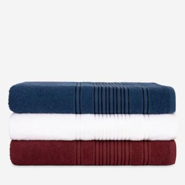 Imagem de Kit 3 Toalhas de Banho Luxo Prime 100% Algodão - Grandes Macias e Absorventes 80x150cm (AZUL + BRANCO + BORDÔ)