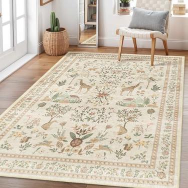 Imagem de ViViRug Tapete 7,5 x 12,5 cm, tapete de área floral floral lavável com design antiderrapante para quarto, cabeceira, cozinha, quarto infantil, dormitório universitário para meninas, bege