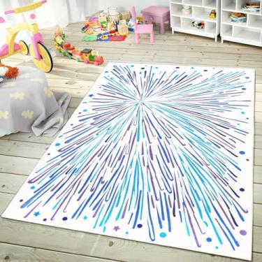 Imagem de Lacomfy Tapete moderno Firework Lines - 10 x 1,8 m - lavável macio, antiderrapante, tapete infantil colorido vibrante, adequado para sala de estar, quarto, quarto infantil, interior/exterior, azul