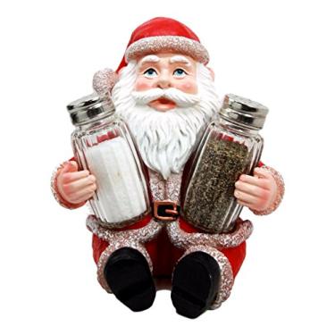Imagem de Ebros Conjunto de suporte de saleiro e pimenteiro de Natal com pólo norte de Natal e estatueta de resina com agitadores de vidro