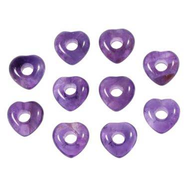 Imagem de Nupuyai Pacote com 10 contas de pedra de coração de ametista roxa com orifício grande para fazer joias, contas de coração vazadas para pulseira de berloques