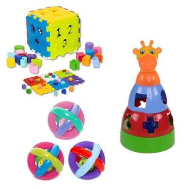 Imagem de Kit Cubo Didático Infantil + Girafa Brinquedo de Empilhar e Bola Maluq