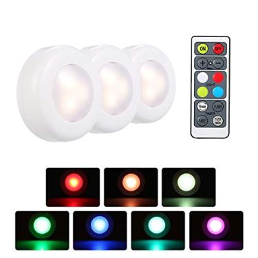 Imagem de Lâmpada LED RGB para armário Puck Light Pacote com 3 unidades com controle remoto Brilho ajustável Temporização regulável Suporta 16 cores Mudança automática/Flash/Fade 3 modos de ilnação Alimen