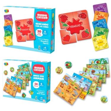 Imagem de Kit Jogo Crianças Educativo 2 em 1 Bingo dos Animais e Quebra-Cabeça das Cores Aprendizagem Infantil 3 Anos Brinquedo Pedagógico Ensinar Cores e Animais