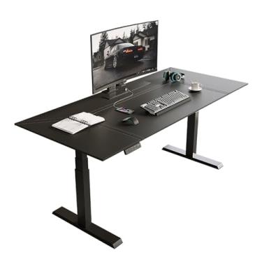 Imagem de Mesa de trabalho Mesa elétrica de pé com tampo couro, altura ajustável, mesa para sentar e levantar 3 predefinições memória, tomadas carregamento, preta(XL)