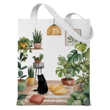Imagem de QYCFDXD Sacola de lona botânica para gatos, mulheres jardineiras, amantes de plantas, bolsa de ombro decorativa reutilizável para compras, trabalho, viagens