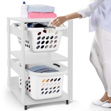 Imagem de Prateleira para cesto de roupa suja – Torre de lavanderia empilhável de madeira projetada com rodas, organizador de cesto de roupa suja em camadas para banheiro, quarto, armário (branco, 2 camadas)